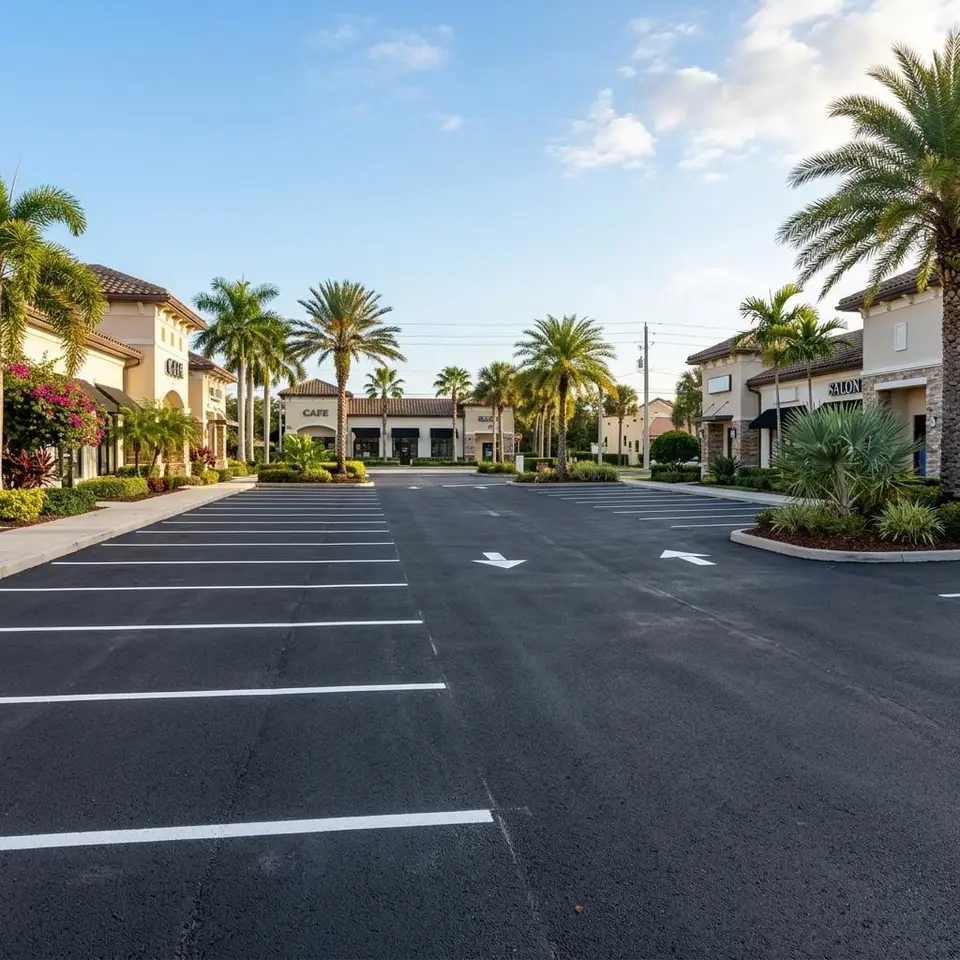 Illustration of a small city parking lot with refreshed white lines beside mid rise buildings and street trees
