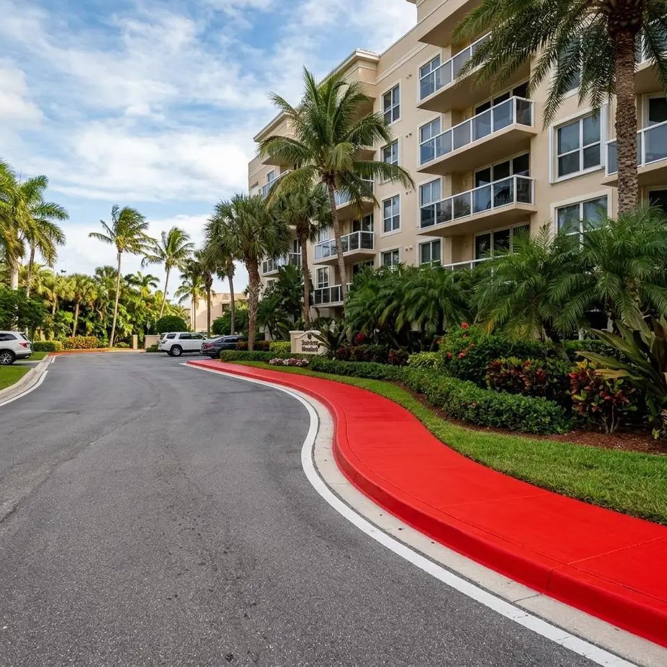 Illustration of a red painted fire lane curb running along a Florida condominium with palm trees