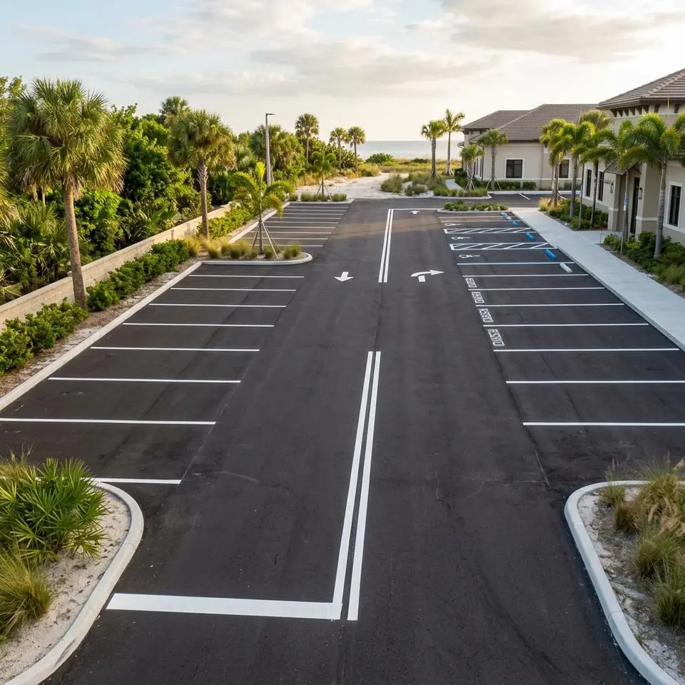 Illustration of a narrow beachside parking lot with white stall edges and sand blown across the asphalt at sunrise