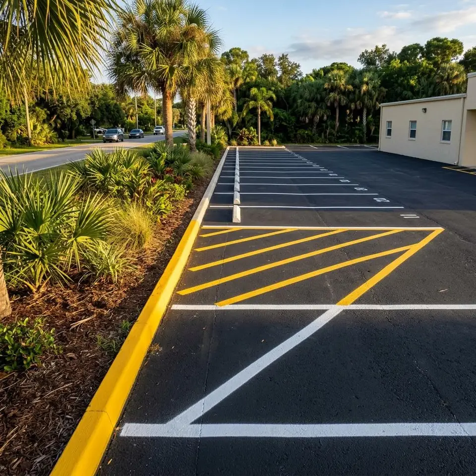 Close illustration of a freshly painted yellow curb beside a white stall line