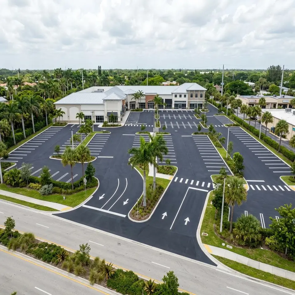 Illustration of a large suburban parking lot with phased striping crews and cones near a wide highway frontage