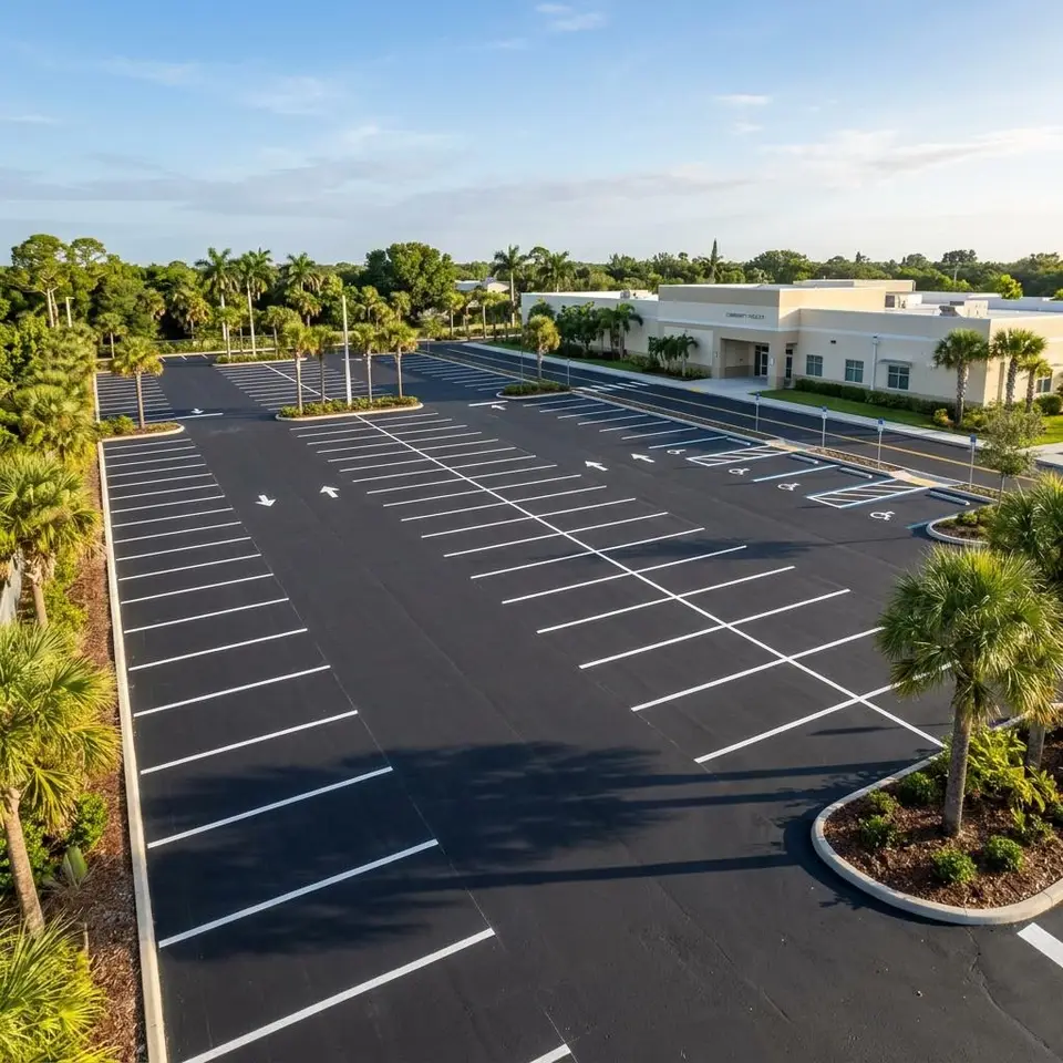 Illustration of a suburban parking lot with newly painted stalls and a drop off lane near a school style building and ball fields