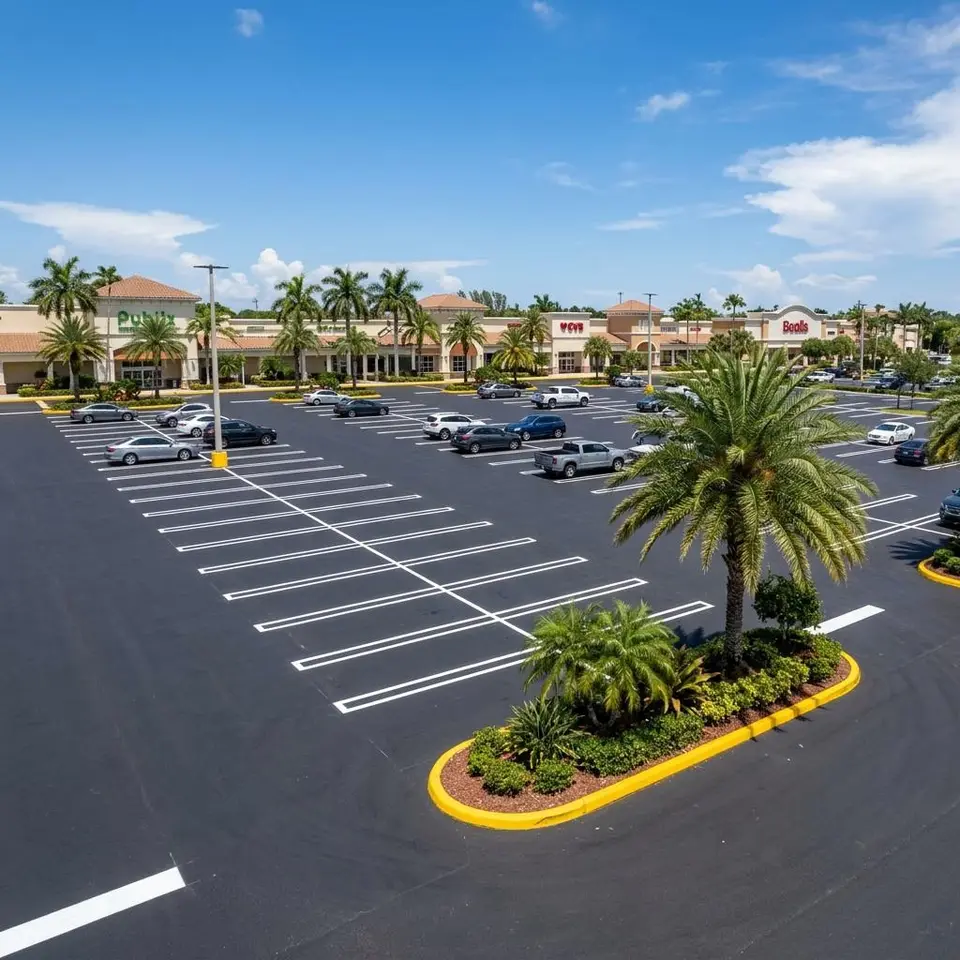 Illustration of a Florida retail plaza parking lot with fresh white stalls, a yellow curb, and palm planters