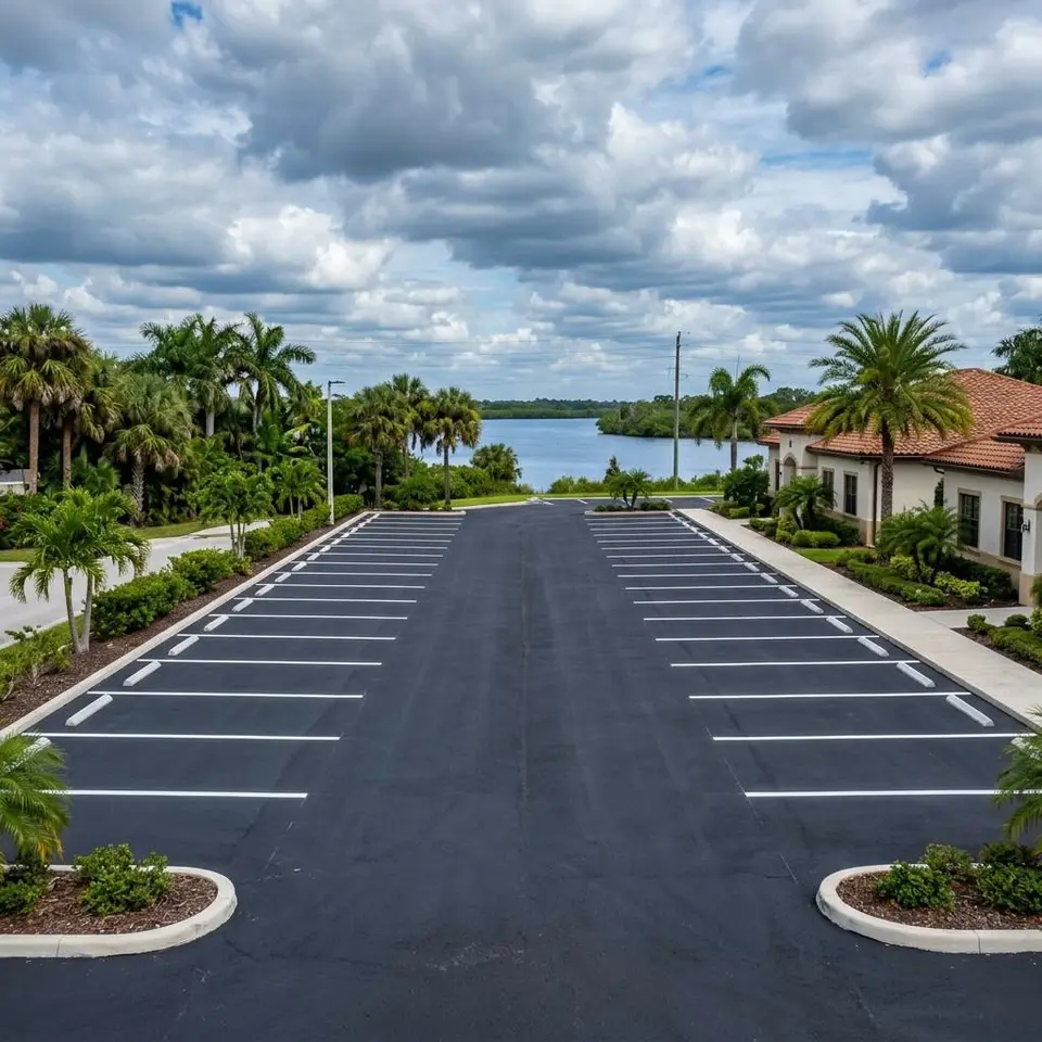 Service illustration of parallel white stall lines on dark asphalt beside a landscaped island
