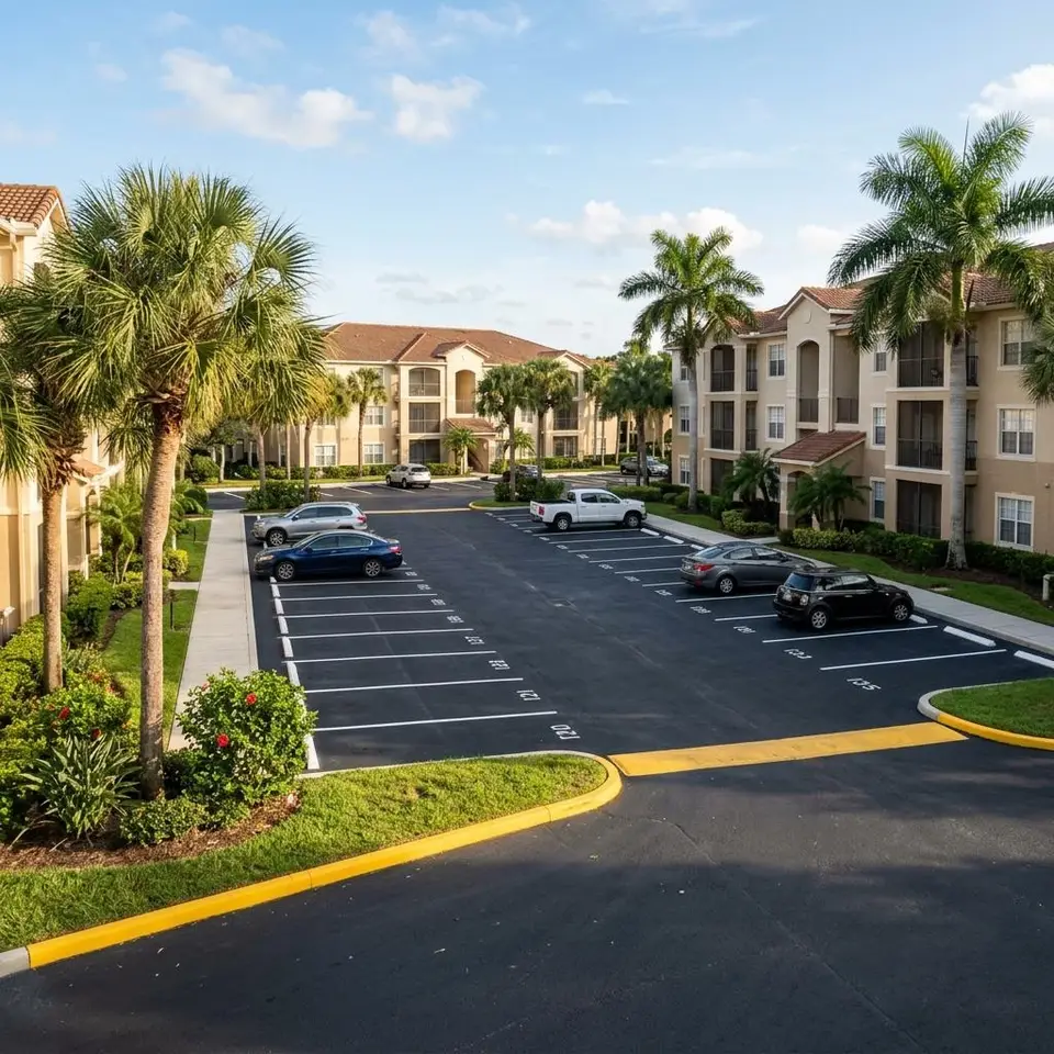 Sunny Florida apartment community parking area with fresh white lines and a yellow curb