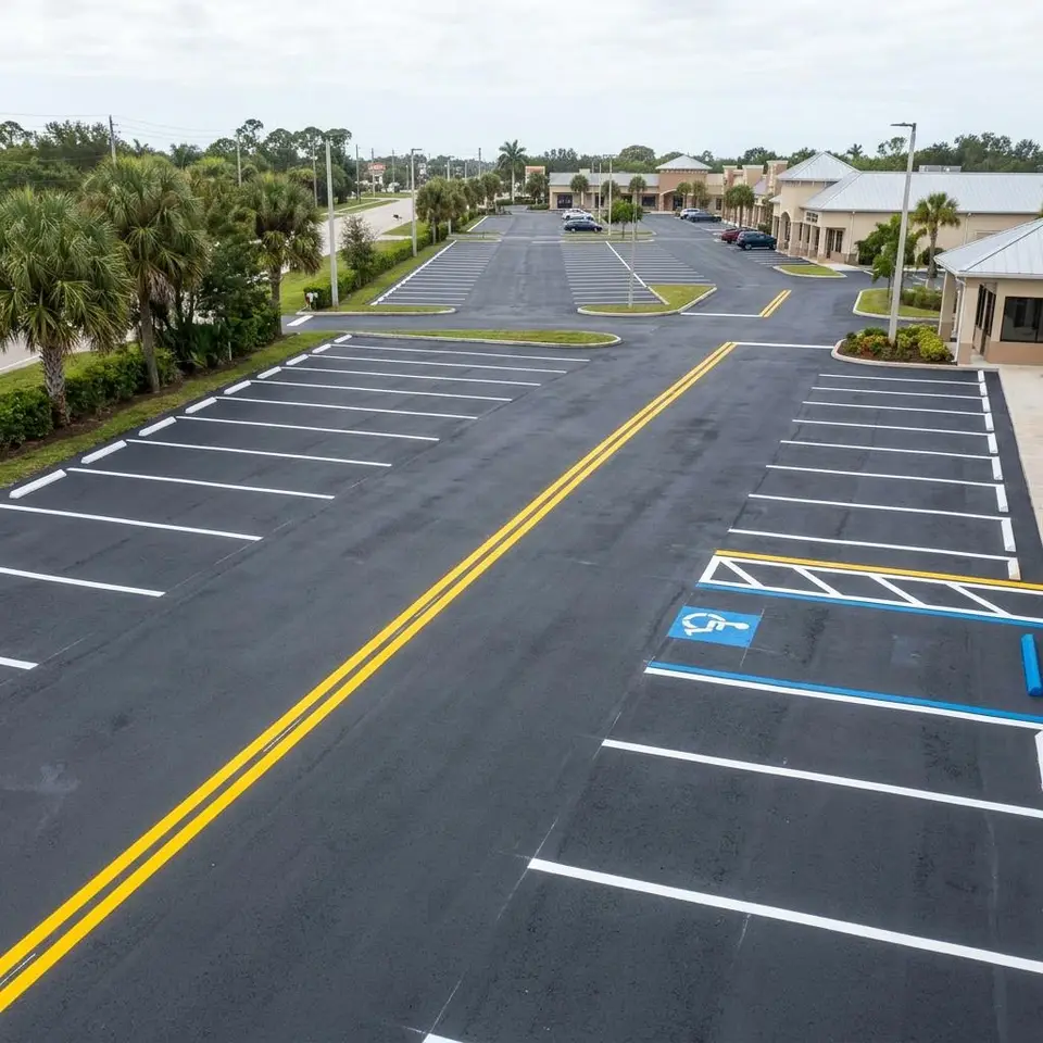 Illustration of a wide parking lot with half the stalls freshly lined and half still faded