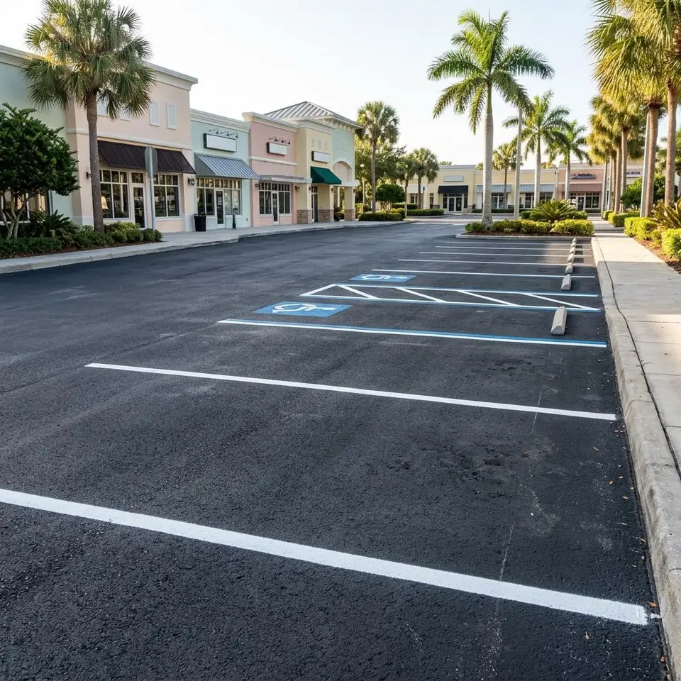 Illustration of tidy white stalls in a small downtown lot with a narrow aisle and street trees