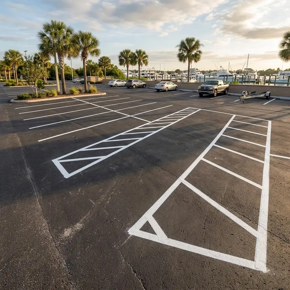 Close illustration of a yellow hatched loading area and white stall lines on weathered asphalt