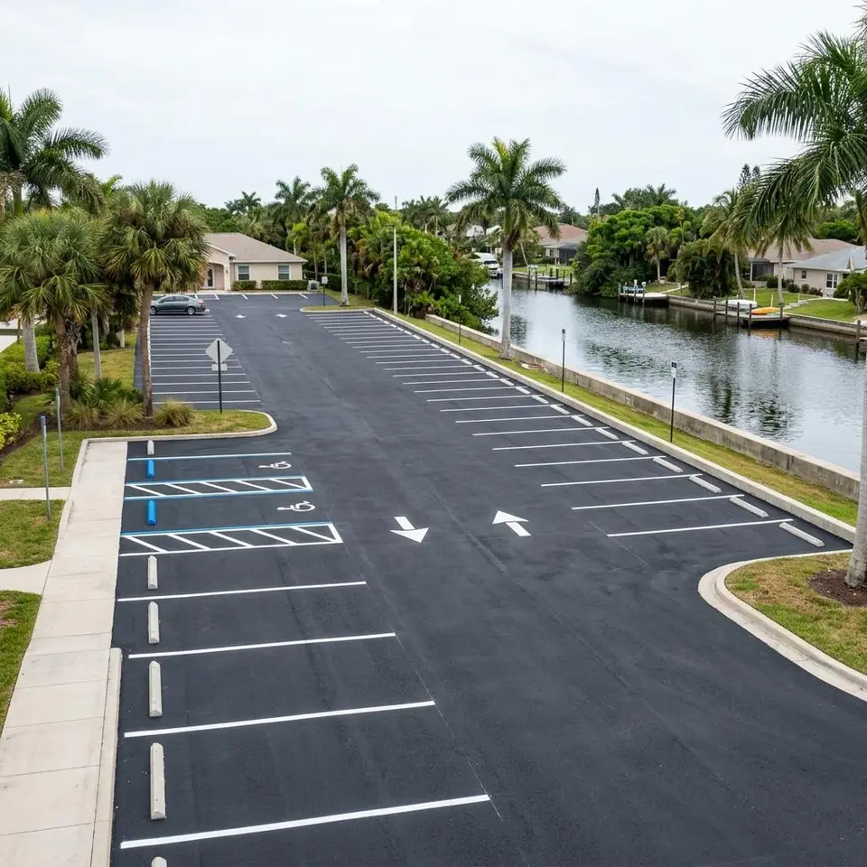 Illustration of a small waterside parking area with white stalls, low wheel stops, and a grass edge near a calm canal