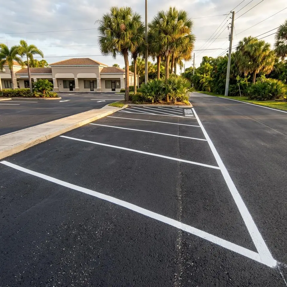 Illustration of white stalls on a corner parking lot with a bordering street and palm trees