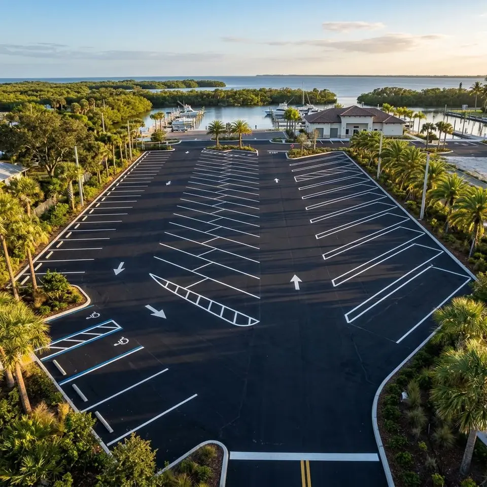 Illustration of a coastal parking area with long pull through stalls and short car stalls beside a bay shoreline