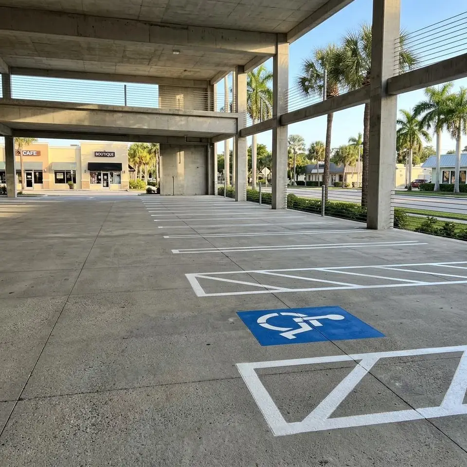 Close illustration of white stall numerals and an arrow on the level of a parking deck