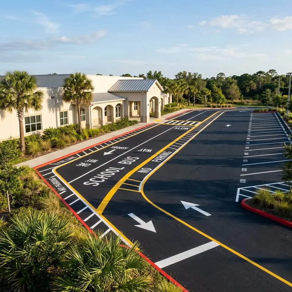 Close illustration of white drop off lane lines and a queue arrow on clean asphalt