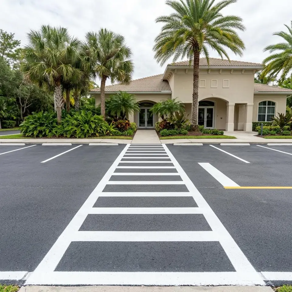 Close illustration of white crosswalk bars painted across dark asphalt beside a curb