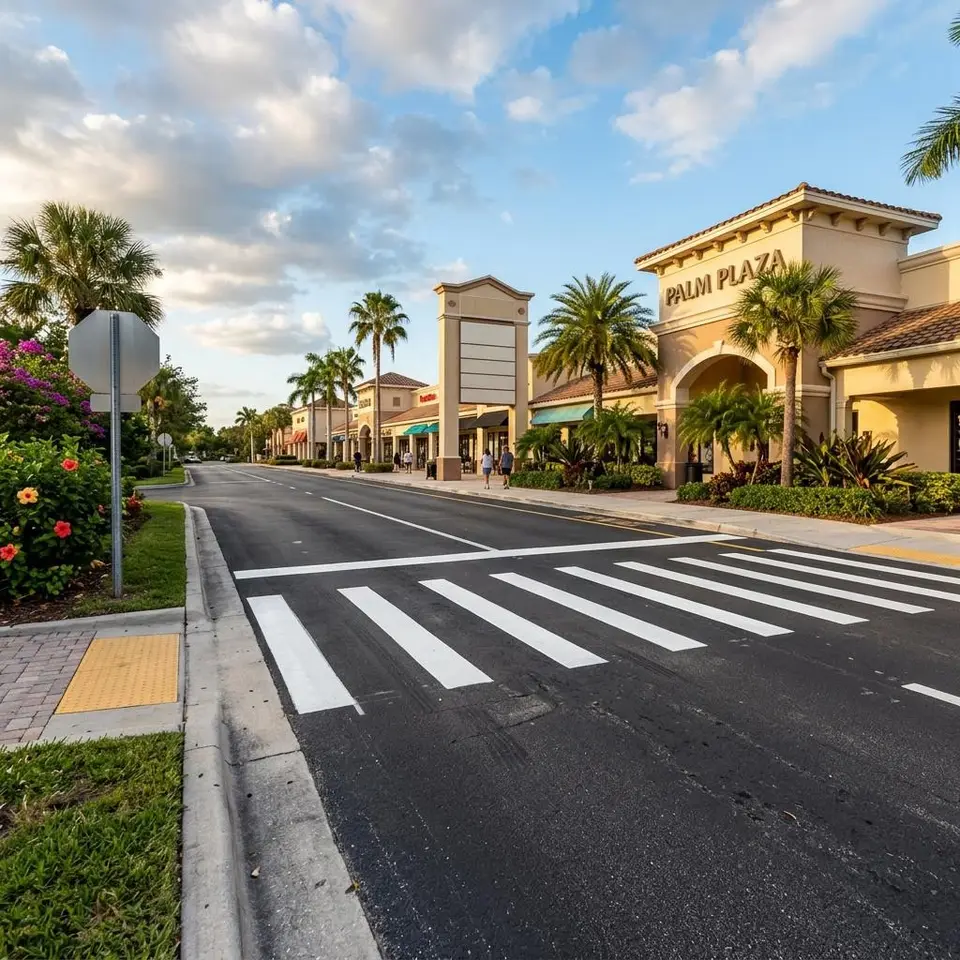 Illustration of a bold white crosswalk across a dark drive aisle beside a Florida shopping center