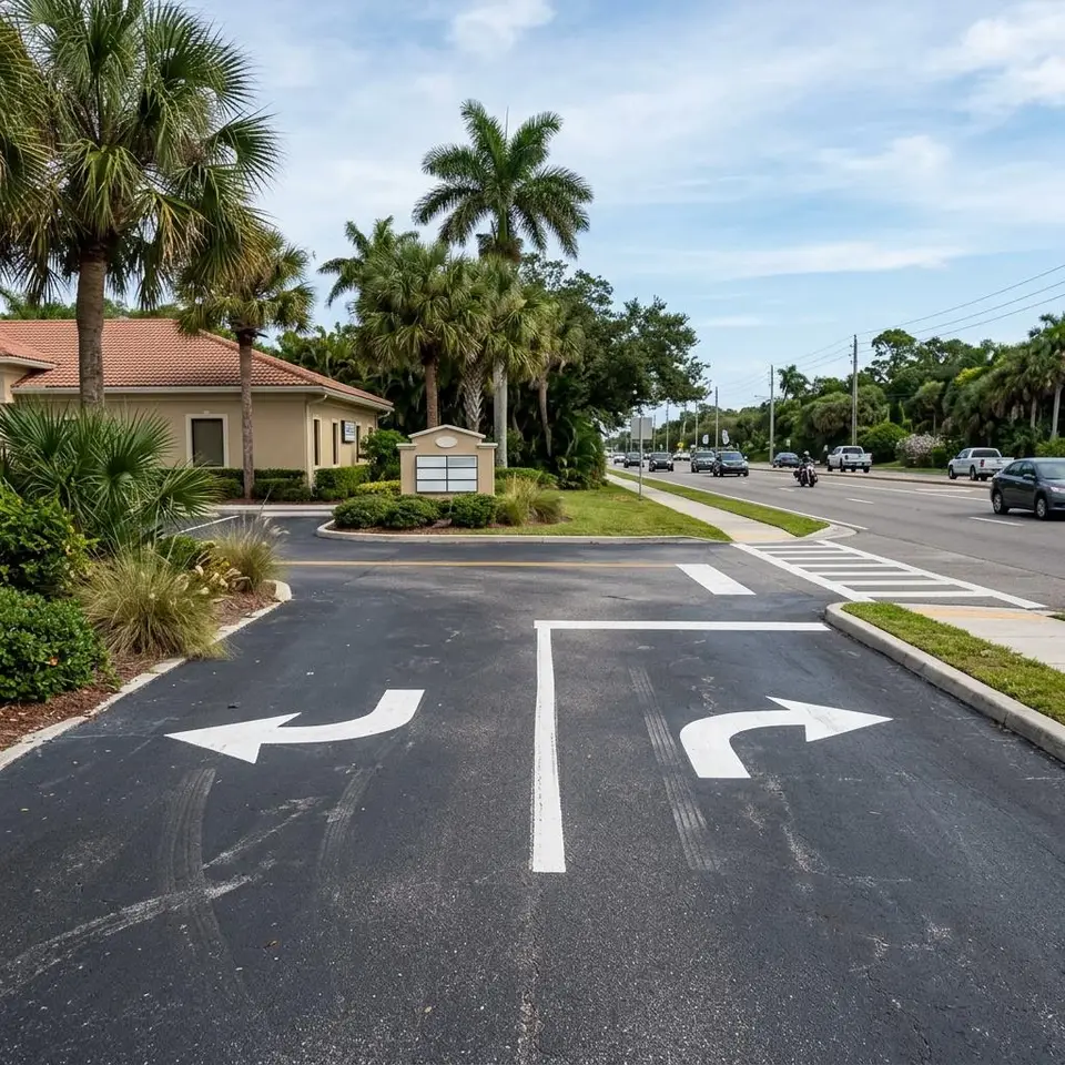 Service illustration of white directional arrows painted at a parking lot entrance
