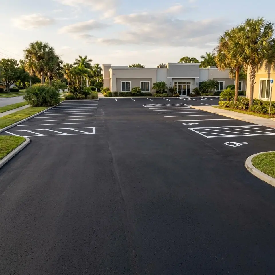 Illustration of a small commercial parking lot at a street corner with fresh white lines and a painted curb