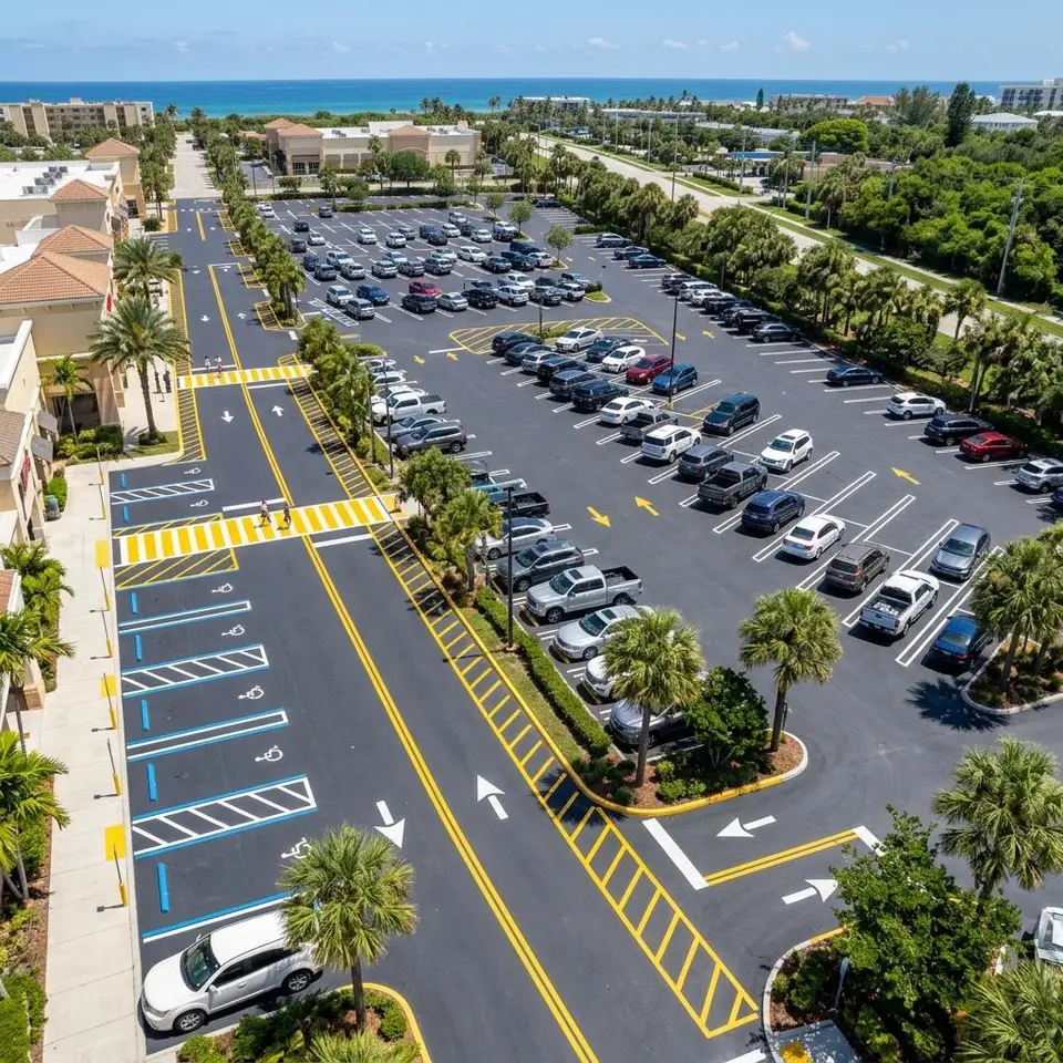 Aerial view of a large Florida parking lot with fresh yellow and white striping, arrows, and a crosswalk