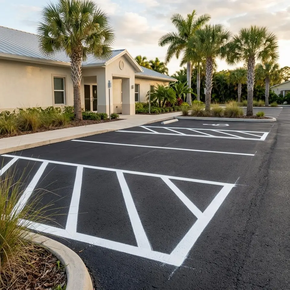 Illustration of tidy white stall rows beside a grassy ball field under palm trees
