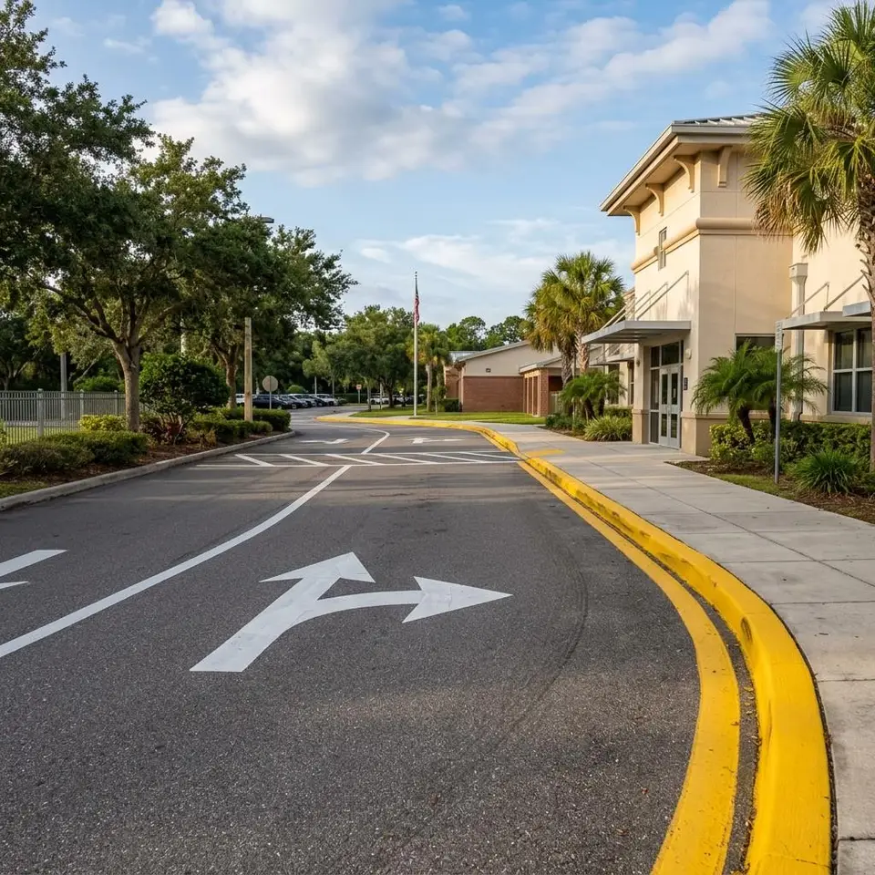 Illustration of a school drop off lane with painted arrows and yellow curb lines in morning light