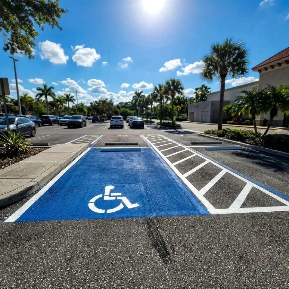 Illustration of a blue accessible parking stall with a hatched access aisle and stenciled symbol on asphalt