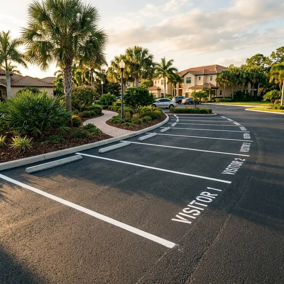 Close illustration of a white guest parking word and border painted on gray asphalt
