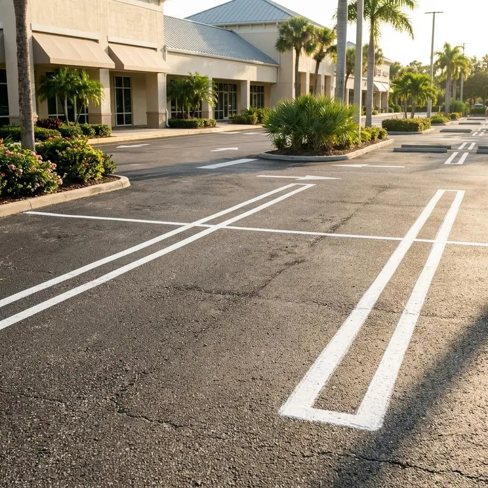 Illustration of long white stall rows in a retail lot with shopping carts corral and palm planters