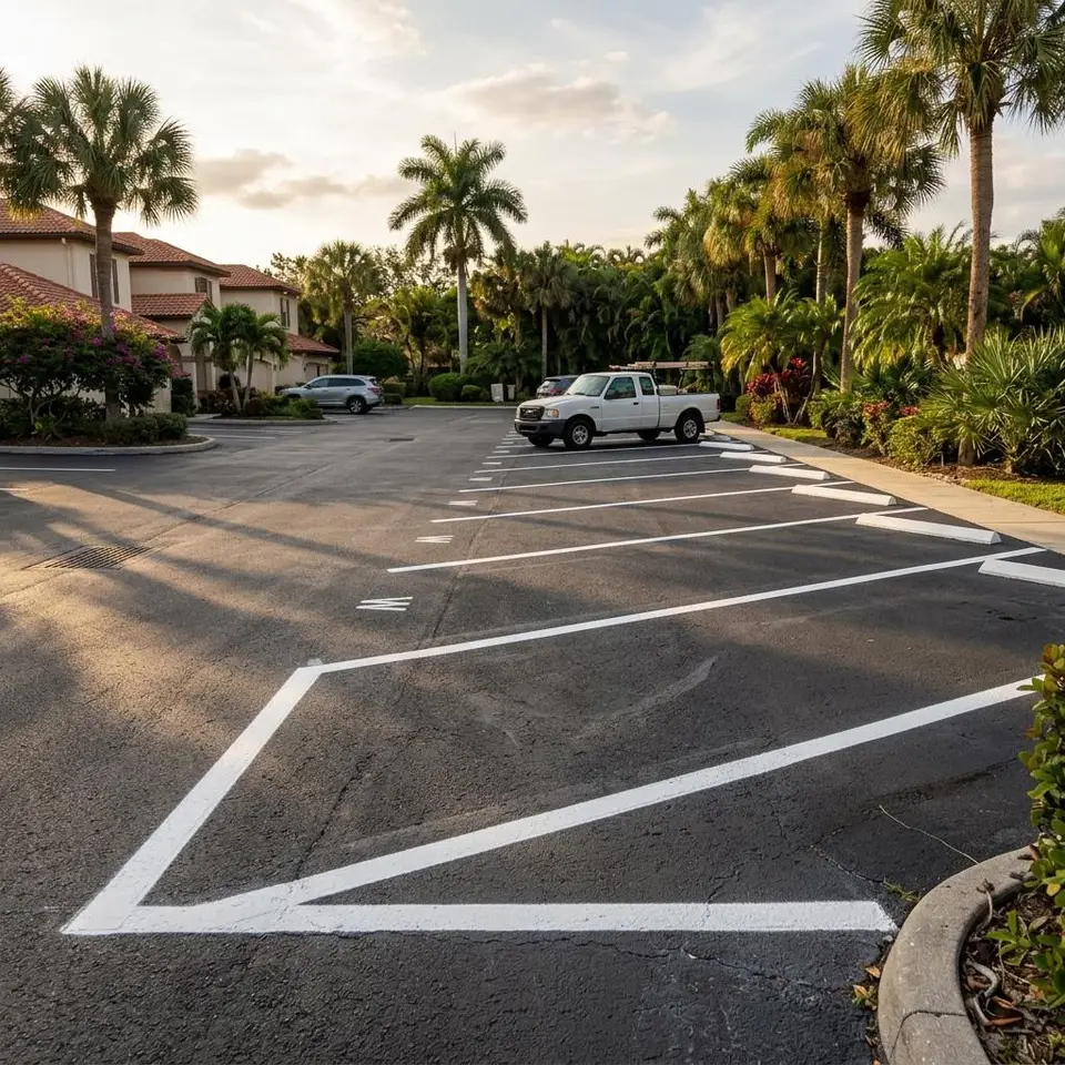 Illustration of a residential parking court with white stalls and a marked guest row near a shaded creek bank