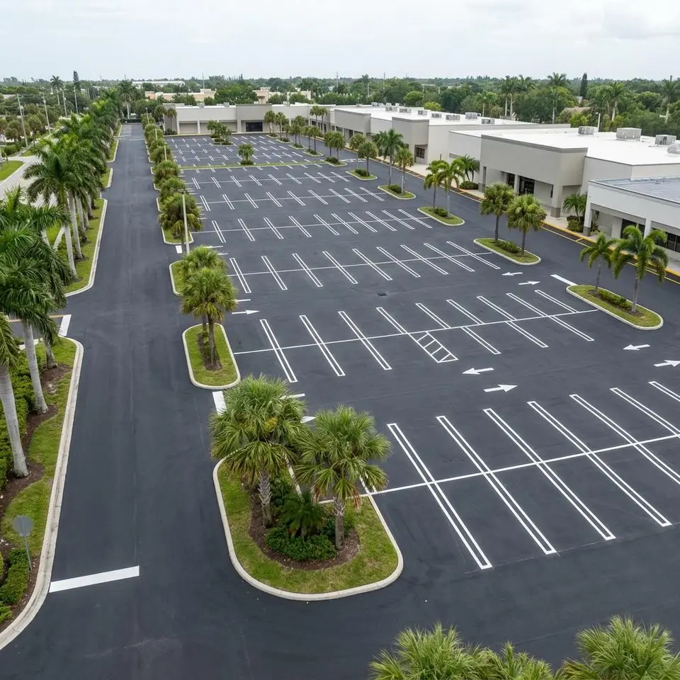 Close illustration of temporary layout marks and cones on asphalt before final paint
