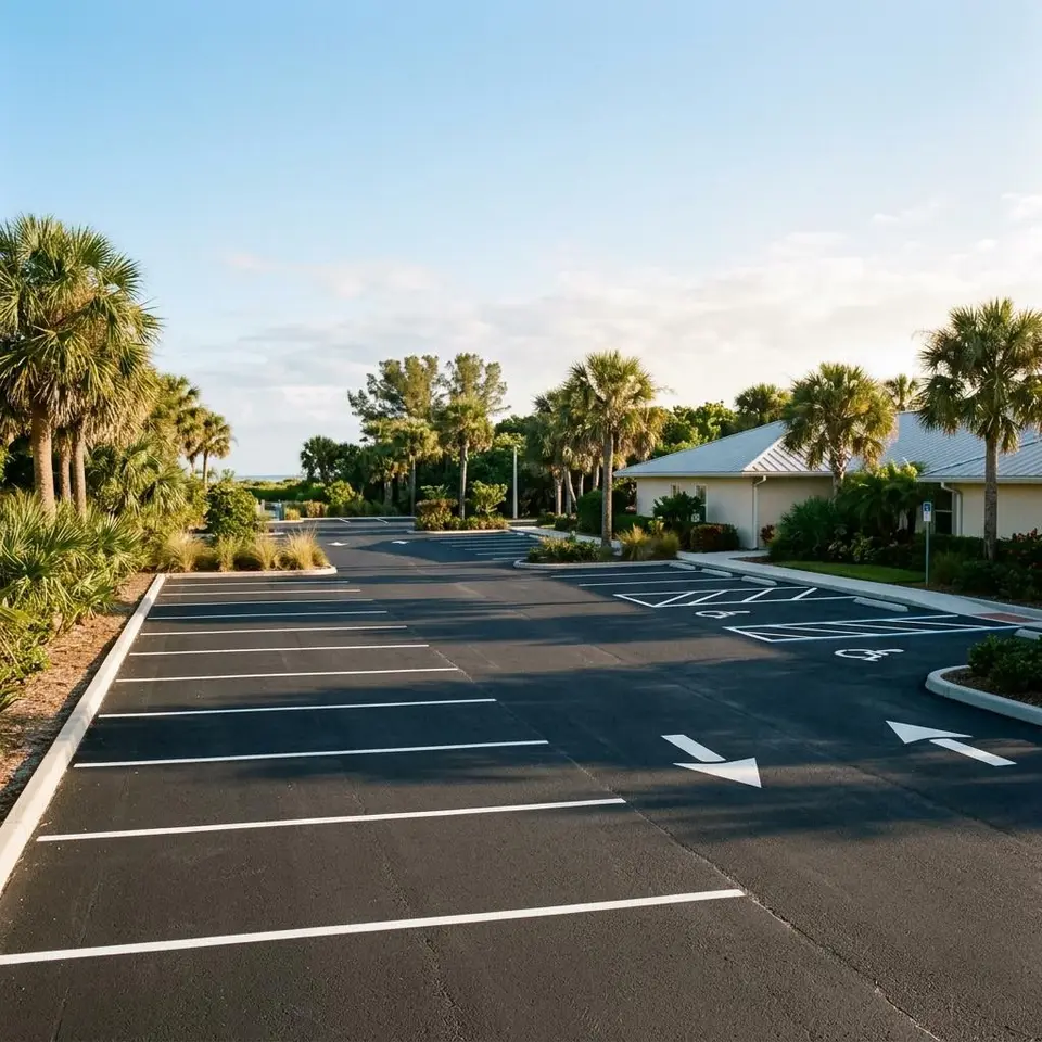 Illustration of a low rise island shopping lot with white stalls, a shared path, and sea grape bushes under bright light