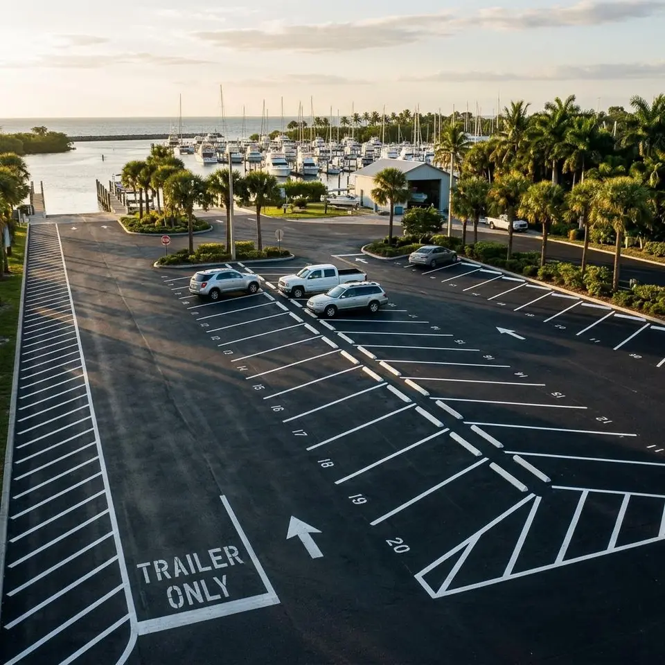 Illustration of long pull through stalls beside regular car stalls near a bay with sea grass