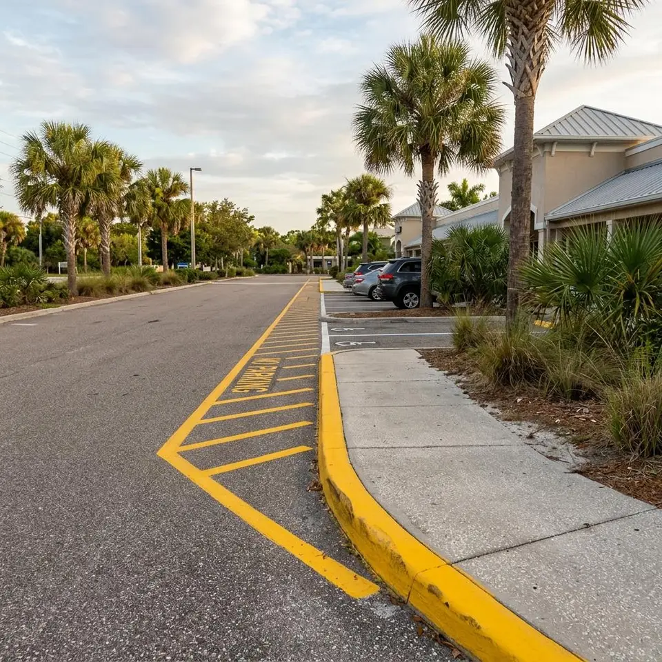 Close illustration of yellow hatching and a red curb beside a dumpster enclosure