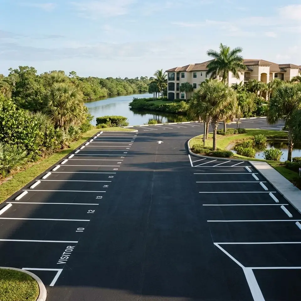 Illustration of fresh white parking stall lines beside palms and low condominium buildings