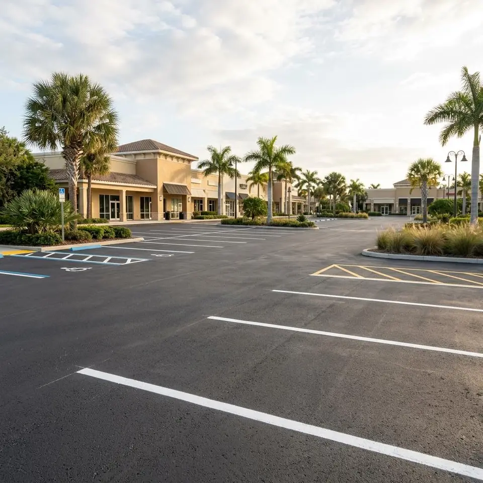 Illustration of a retail strip parking lot with refreshed white stall lines and palm planters under a clear sky