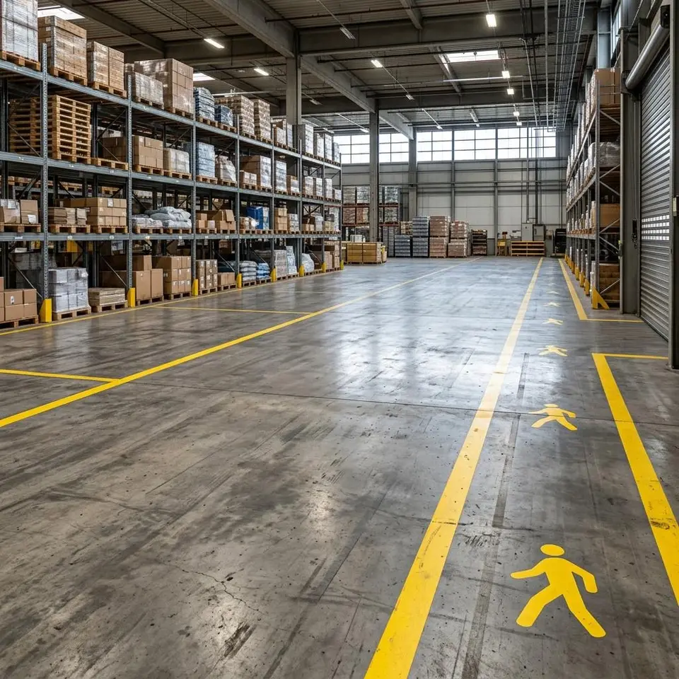 Illustration of a concrete warehouse floor with yellow aisle lines and pedestrian walkway markings