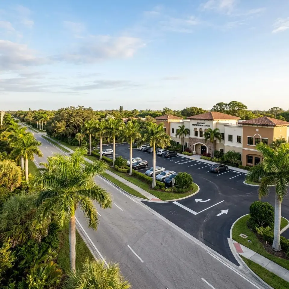 Illustration of a small commercial parking lot with fresh stall lines and entrance arrows beside a palm lined boulevard