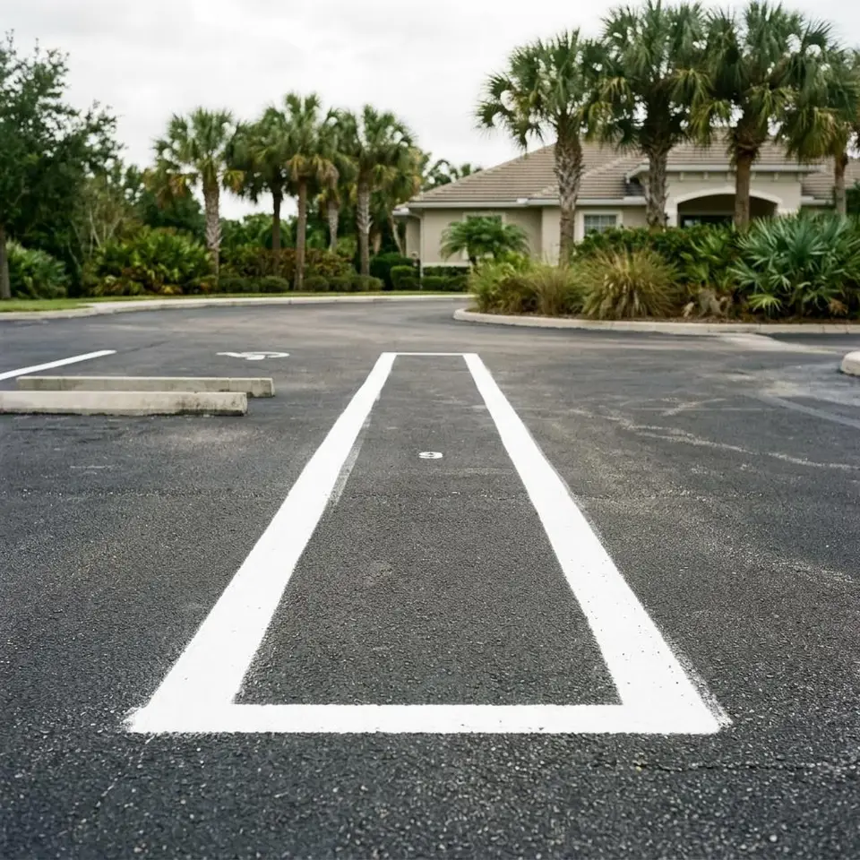 Illustration of white parking stalls and a wide crosswalk leading to a small building with palm shrubs