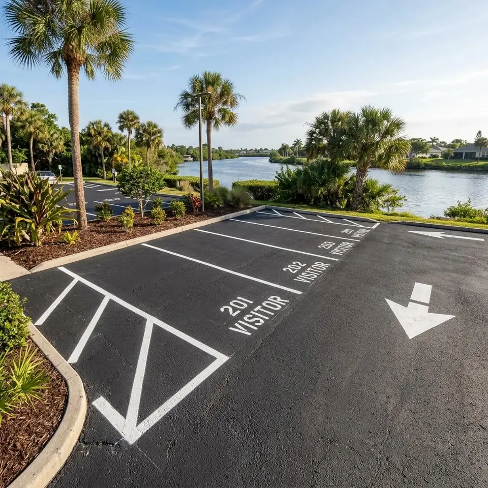 Illustration of two separate rows of white parking stalls divided by a landscaped island near a river bank