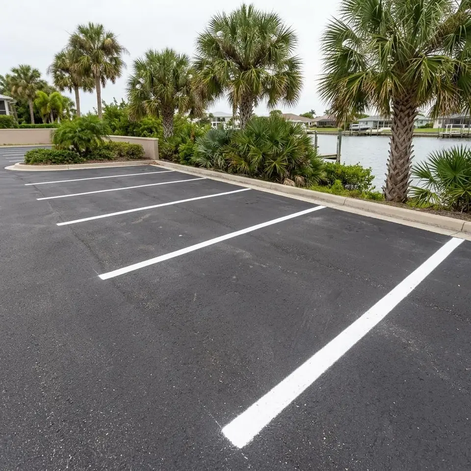 Illustration of white stall lines ending at a grass border near a canal with palms