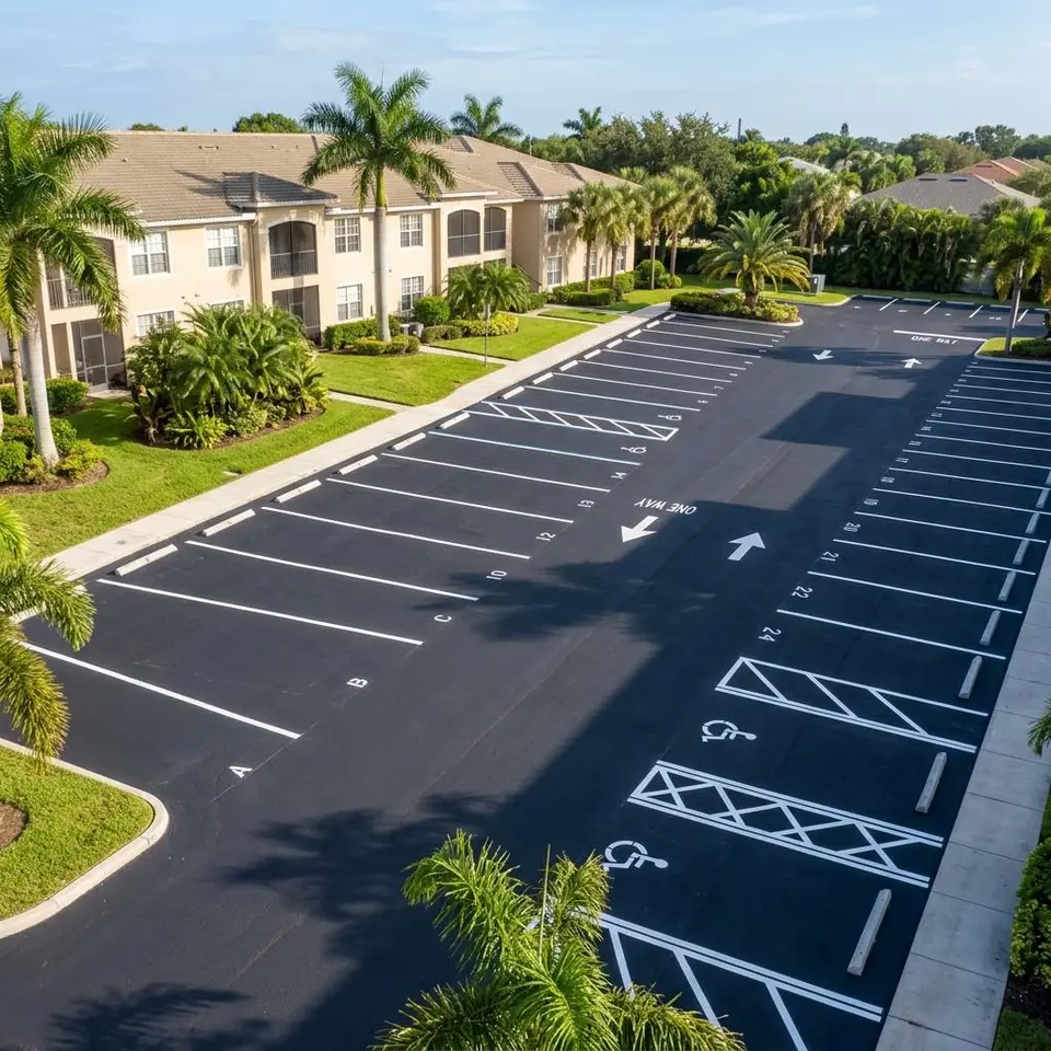 Illustration of a compact neighborhood parking area with numbered white stalls and a shaded walkway