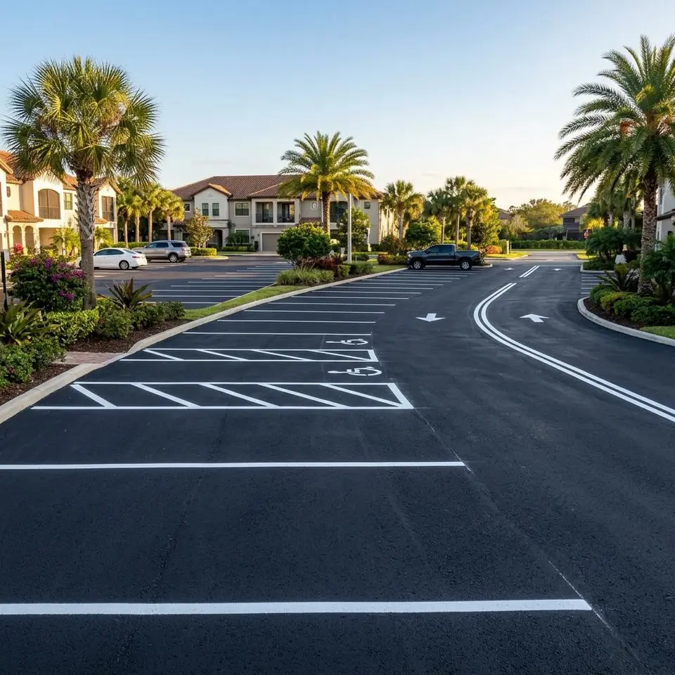 Illustration of a residential parking court with guest stalls marked in white beside a quiet creek lined with palms