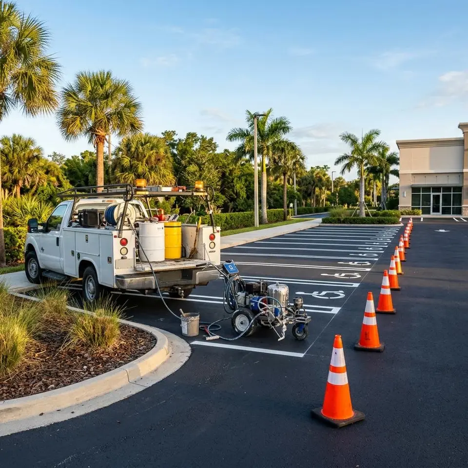 Line striping machine and traffic cones resting at the edge of a tidy striped lot in morning light